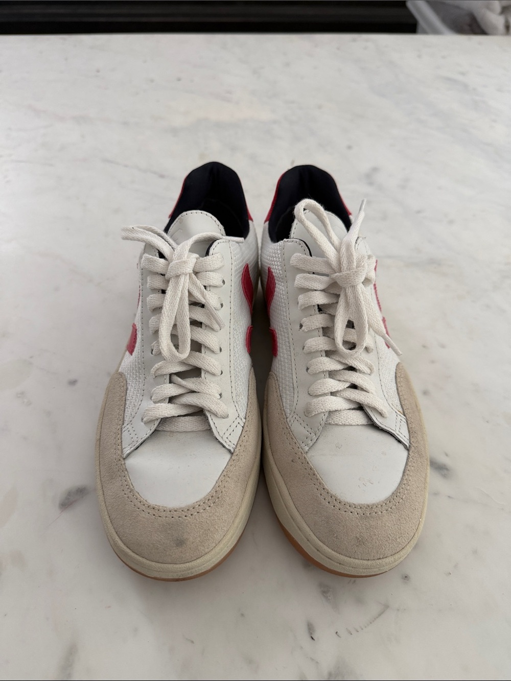 Women’s Veja White and Beige Sneakers with Red Side V Logo used size 6